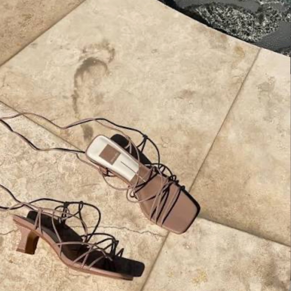 Dolce Vita Lace-Up Strappy Block Heel Sandals in Taupe and Black